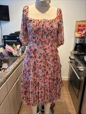 BCBGeneration Pink Floral Smocked Midi Dress with Puff Sleeves